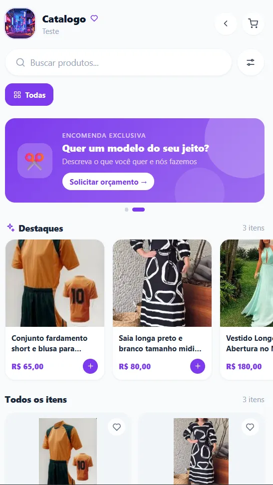 Tela do catálogo público do app Pesponto com modelos de roupas e preços